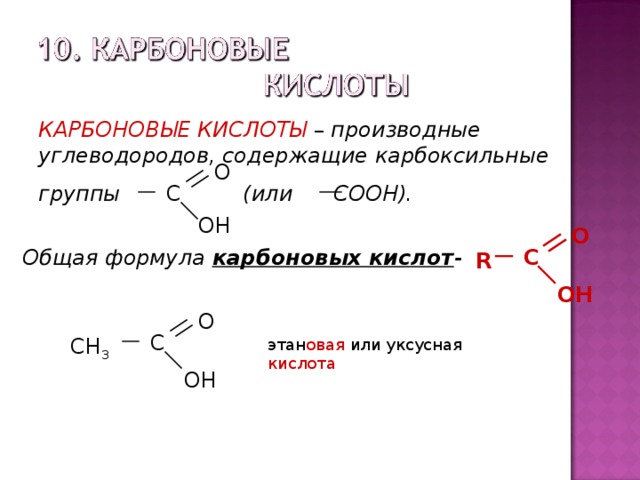 КАРБОНОВЫЕ КИСЛОТЫ – производные углеводородов, содержащие карбоксильные группы (или СООН). O C ОН O Общая формула карбоновых кислот - R  C  ОН O C СН 3  этан овая или уксусная кислота  ОН 