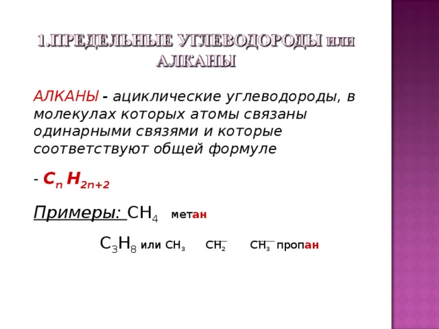 АЛКАНЫ - ациклические углеводороды, в молекулах которых атомы связаны одинарными связями и которые соответствуют общей формуле  С n H 2n+2 Примеры: CH 4 мет ан    C 3 H 8 или CH 3 CH 2 CH 3  проп ан 