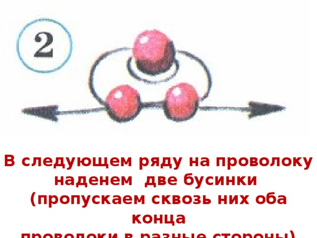 В следующем ряду на проволоку наденем две бусинки (пропускаем сквозь них оба конца  проволоки в разные стороны).  