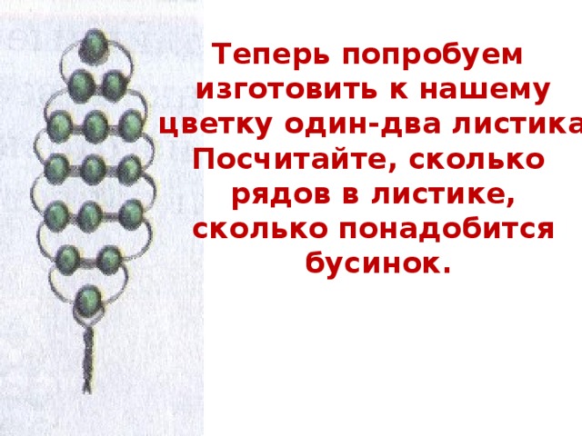 Теперь попробуем изготовить к нашему  цветку один-два листика. Посчитайте, сколько рядов в листике, сколько понадобится  бусинок.  