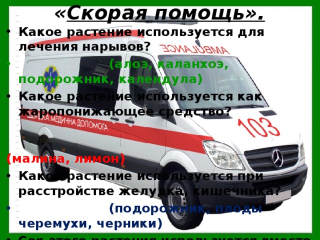 « Скорая помощь».  Какое растение используется для лечения нарывов?  (алоэ, каланхоэ, подорожник, календула) Какое растение используется как жаропонижающее средство?  (малина, лимон) Какое растение используется при расстройстве желудка, кишечника?  (подорожник, плоды черемухи, черники) Сок этого растения используется вместо йода для выведения бородавок, настоем из листьев ополаскивают голову.  (чистотел) 