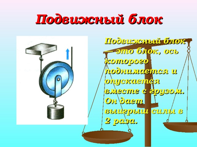 Подвижный блок  Подвижный блок — это блок, ось которого поднимается и опускается вместе с грузом. Он дает выигрыш силы в 2 раза.  