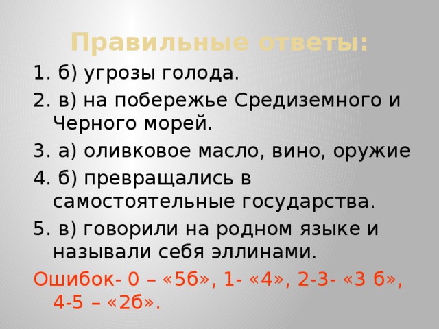 Правильные ответы: 1. б) угрозы голода. 2. в) на побережье Средиземного и Черного морей. 3. а) оливковое масло, вино, оружие 4. б) превращались в самостоятельные государства. 5. в) говорили на родном языке и называли себя эллинами. Ошибок- 0 – «5б», 1- «4», 2-3- «3 б», 4-5 – «2б». 