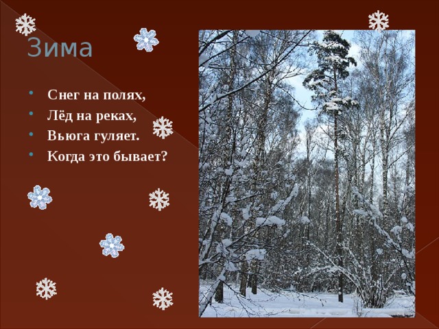 Зима Снег на полях, Лёд на реках, Вьюга гуляет. Когда это бывает? 