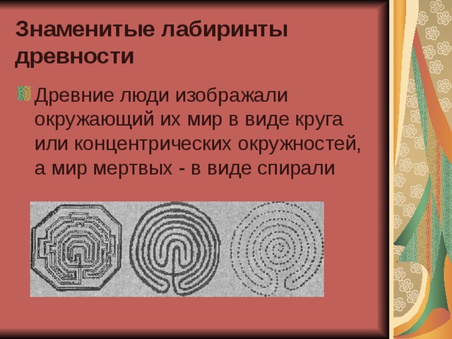 Знаменитые лабиринты древности Древние люди изображали окружающий их мир в виде круга или концентрических окружностей, а мир мертвых - в виде спирали 