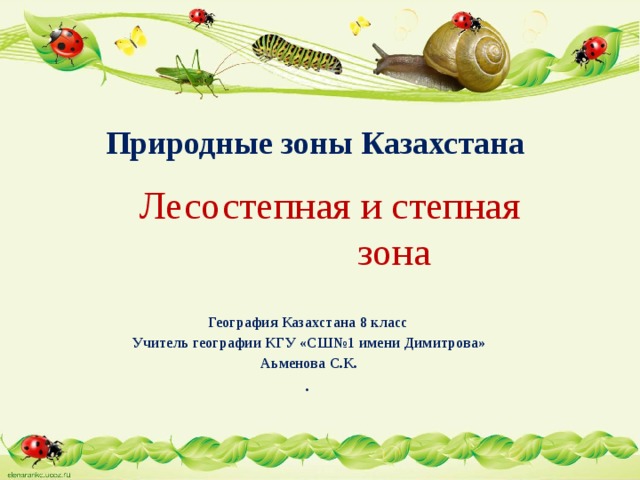  Природные зоны Казахстана Лесостепная и степная  зона   География Казахстана 8 класс  Учитель географии КГУ «СШ№1 имени Димитрова»  Аьменова С.К. .   