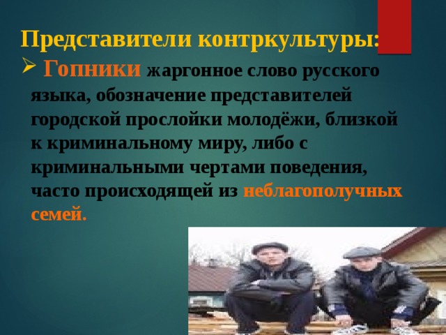 Представители контркультуры:  Гопники  жаргонное слово русского языка, обозначение представителей городской прослойки молодёжи, близкой к криминальному миру, либо с криминальными чертами поведения, часто происходящей из неблагополучных семей. 