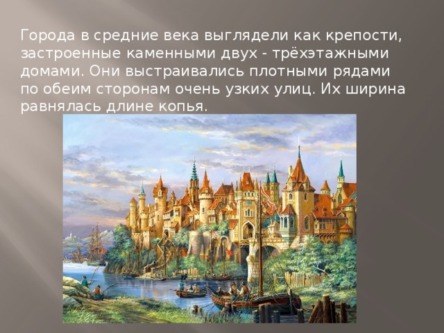 Города в средние века выглядели как крепости, застроенные каменными двух - трёхэтажными домами. Они выстраивались плотными рядами по обеим сторонам очень узких улиц. Их ширина равнялась длине копья. 