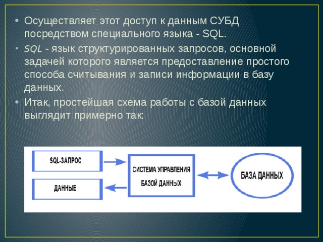 Осуществляет этот доступ к данным СУБД посредством специального языка - SQL. SQL  - язык структурированных запросов, основной задачей которого является предоставление простого способа считывания и записи информации в базу данных. Итак, простейшая схема работы с базой данных выглядит примерно так: 
