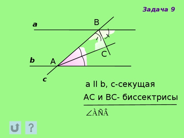 Задача 9 В а С b А c а ll b, с-секущая АС и ВС- биссектрисы 