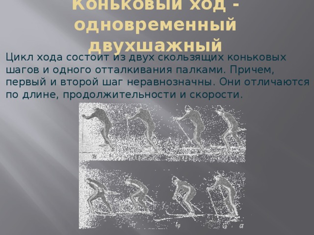 Коньковый ход - одновременный двухшажный Цикл хода состоит из двух скользящих коньковых шагов и одного отталкивания палками. Причем, первый и второй шаг неравнозначны. Они отличаются по длине, продолжительности и скорости. 
