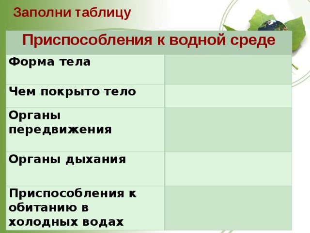 Заполни таблицу Приспособления к водной среде Форма тела Чем покрыто тело Органы передвижения  Органы дыхания Приспособления к обитанию в холодных водах 