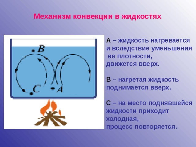 Механизм конвекции в жидкостях А – жидкость нагревается и вследствие уменьшения  ее плотности, движется вверх.  В – нагретая жидкость поднимается вверх.  С – на место поднявшейся жидкости приходит холодная, процесс повторяется.