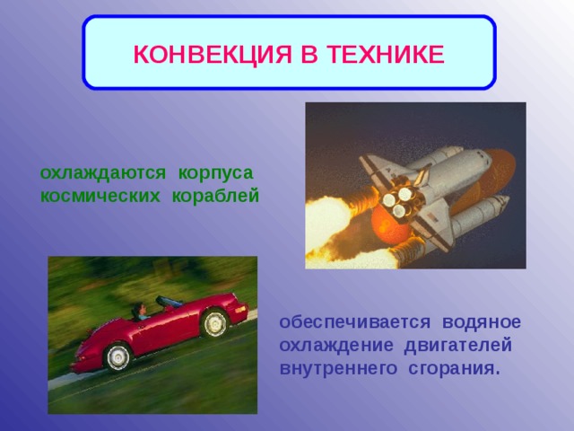 КОНВЕКЦИЯ В ТЕХНИКЕ охлаждаются корпуса космических кораблей обеспечивается водяное охлаждение двигателей внутреннего сгорания.