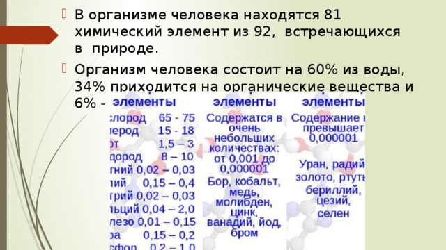 В организме человека находятся 81 химический элемент из 92,  встречающихся в  природе. Организм человека состоит на 60% из воды, 34% приходится на органические вещества и 6% - на неорганические. 