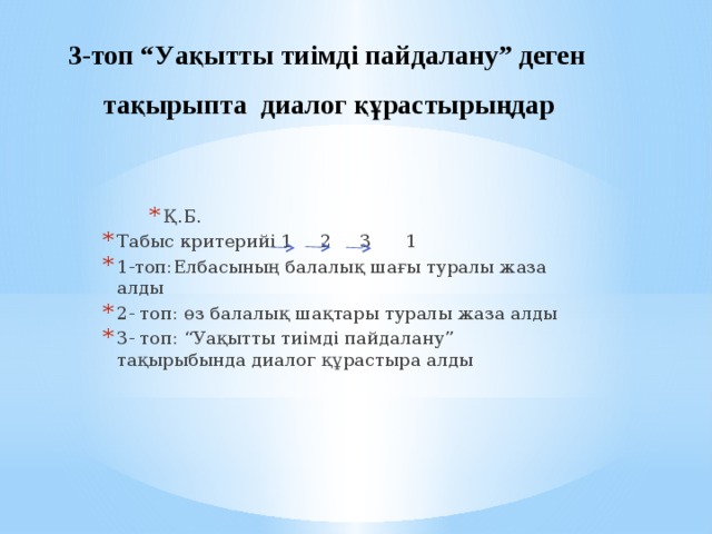  3-топ “Уақытты тиімді пайдалану” деген тақырыпта диалог құрастырыңдар Қ.Б. Қ.Б. Қ.Б. Табыс критерийі 1 2 3 1 1-топ:Елбасының балалық шағы туралы жаза алды 2- топ: өз балалық шақтары туралы жаза алды 3- топ: “Уақытты тиімді пайдалану” тақырыбында диалог құрастыра алды 