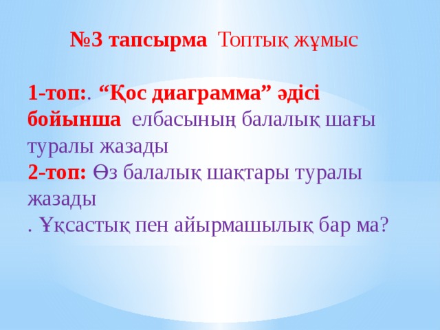  № 3 тапсырма Топтық жұмыс 1-топ: . “Қос диаграмма” әдісі бойынша елбасының балалық шағы туралы жазады 2-топ: Өз балалық шақтары туралы жазады . Ұқсастық пен айырмашылық бар ма?                