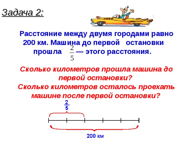 Задача 2: Расстояние между двумя городами равно 200 км. Машина до первой остановки прошла — этого расстояния.  Сколько километров прошла машина до первой остановки? Сколько километров осталось проехать машине после первой остановки?  