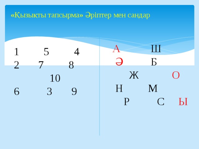 «Қызықты тапсырма» Әріптер мен сандар А Ш  Ә Б  Ж О  Н М  Р С Ы  5 4  7 8  10 6 3 9 