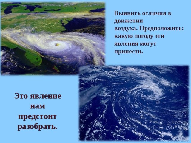 Выявить отличия в движении воздуха. Предположить: какую погоду эти явления могут принести. Это явление нам предстоит разобрать.