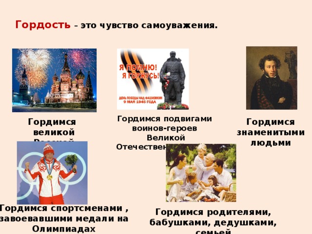 Гордость  – это чувство самоуважения. Гордимся подвигами воинов-героев Великой Отечественной войны Гордимся великой Россией Гордимся знаменитыми людьми Гордимся спортсменами , завоевавшими медали на Олимпиадах Гордимся родителями, бабушками, дедушками, семьей  