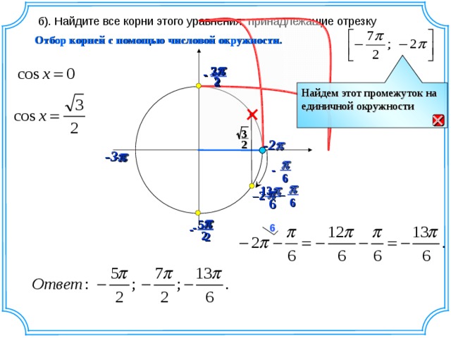 б). Найдите все корни этого уравнения, принадлежащие отрезку Отбор корней с помощью числовой окружности.   7 3  -  - 2 2 Найдем этот промежуток на единичной окружности  3 2 -2  -3   -   - 6   13 –   – 2 – 6 6   5 - 6 - 2 2 
