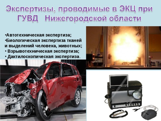 Автотехническая экспертиза; Биологическая экспертиза тканей и выделений человека, животных;  Взрывотехническая экспертиза;  Дактилоскопическая экспертиза . 