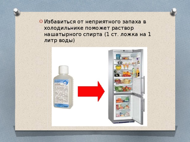 Избавиться от неприятного запаха в холодильнике поможет раствор нашатырного спирта (1 ст. ложка на 1 литр воды) 