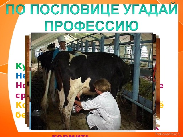 Куй железо, пока горячо.  Не иголка шьёт, а руки.  Не бравшись за топор, избы не срубишь.  Корова черна, да молоко у неё бело.      Лес рубят – щепки летят. Цыплят по осени считают. На охоту ехать – собак кормить. Перемелется – мука будет.  