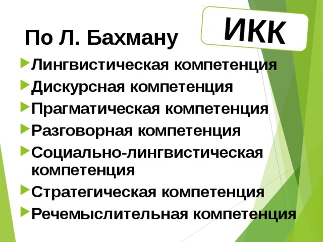 ИКК По Л. Бахману Лингвистическая компетенция Дискурсная компетенция Прагматическая компетенция Разговорная компетенция Социально-лингвистическая компетенция Стратегическая компетенция Речемыслительная компетенция   