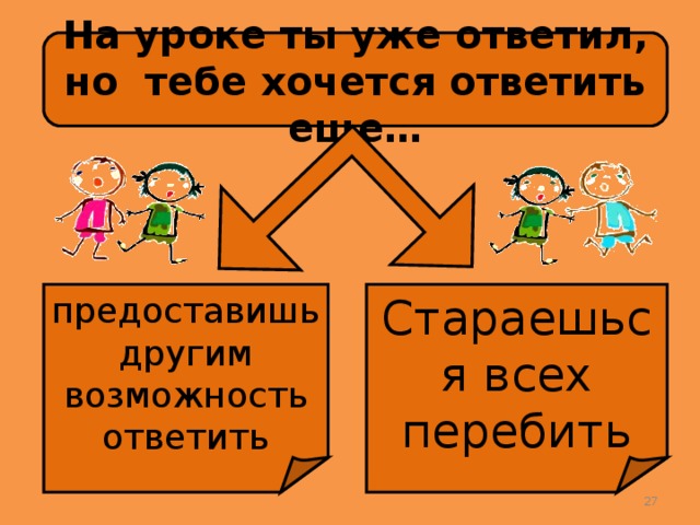На уроке ты уже ответил, но тебе хочется ответить еще… предоставишь другим возможность ответить Стараешься всех перебить  