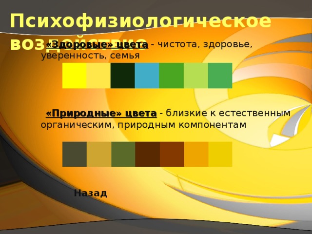 Психофизиологическое воздействие  «Здоровые» цвета - чистота, здоровье, уверенность, семья     «Природные» цвета - близкие к естественным органическим, природным компонентам  Назад  
