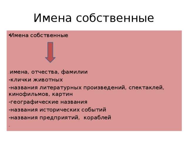 Имена собственные Имена собственные - имена, отчества, фамилии -клички животных -названия литературных произведений, спектаклей, кинофильмов, картин -географические названия -названия исторических событий -названия предприятий, кораблей - 