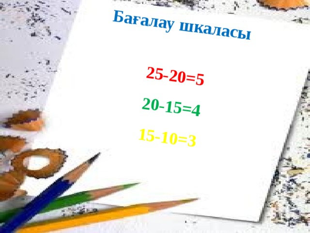 Бағалау шкаласы  25-20 =5 20-15=4 15-10=3 