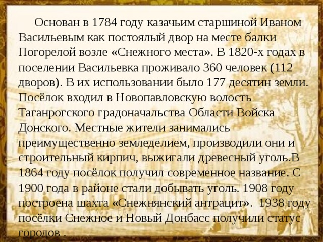 Основан в 1784 году казачьим старшиной Иваном Васильевым как постоялый двор на месте балки Погорелой возле «Снежного места». В 1820-х годах в поселении Васильевка проживало 360 человек (112 дворов). В их использовании было 177 десятин земли. Посёлок входил в Новопавловскую волость Таганрогского градоначальства Области Войска Донского. Местные жители занимались преимущественно земледелием, производили они и строительный кирпич, выжигали древесный уголь.В 1864 году посёлок получил современное название. С 1900 года в районе стали добывать уголь. 1908 году построена шахта «Снежнянский антрацит».  1938 году посёлки Снежное и Новый Донбасс получили статус городов . 
