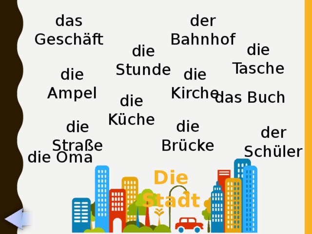 das Geschäft der Bahnhof die Tasche die Stunde die Ampel die Kirche das Buch die Küche die Brücke die Straße der Schüler die Oma Die Stadt 