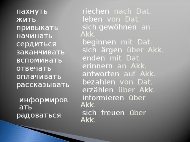  пахнуть  жить  привыкать  начинать  сердиться  заканчивать  вспоминать  отвечать  оплачивать  рассказывать  информировать  радоваться  riechen nach Dat.  leben von Dat.   sich gew ö hnen an Akk.  beginnen mit Dat.   sich ä rgen  ü ber Akk.  enden mit Dat.  erinnern an Akk.  antworten auf Akk.   bezahlen von Dat.  erz ä hlen  ü ber Akk.  informieren  ü ber Akk.  sich freuen  ü ber Akk. 