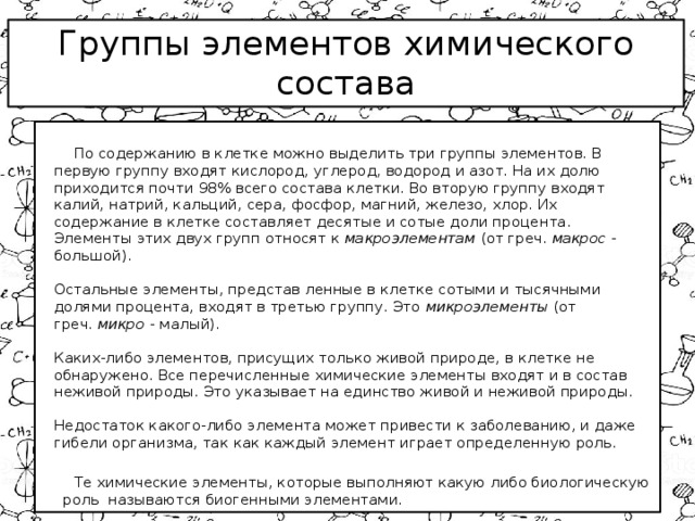 Группы элементов химического состава  По содержанию в клетке можно выделить три группы элементов. В первую группу входят кислород, углерод, водород и азот. На их долю приходится почти 98% всего состава клетки. Во вторую группу входят калий, натрий, кальций, сера, фосфор, магний, железо, хлор. Их содержание в клетке составляет десятые и сотые доли процента. Элементы этих двух групп относят к  макроэлементам  (от греч.  макрос  - большой).   Остальные элементы, представ ленные в клетке сотыми и тысячными долями процента, входят в третью группу. Это  микроэлементы  (от греч.  микро  - малый).   Каких-либо элементов, присущих только живой природе, в клетке не обнаружено. Все перечисленные химические элементы входят и в состав неживой природы. Это указывает на единство живой и неживой природы.   Недостаток какого-либо элемента может привести к заболеванию, и даже гибели организма, так как каждый элемент играет определенную роль.  Те химические элементы, которые выполняют какую либо биологическую роль называются биогенными элементами. 