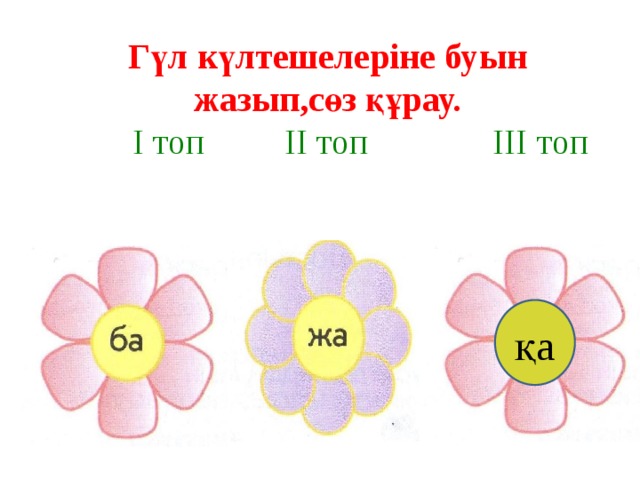 Гүл күлтешелеріне буын жазып,сөз құрау.  І топ ІІ топ ІІІ топ қа 