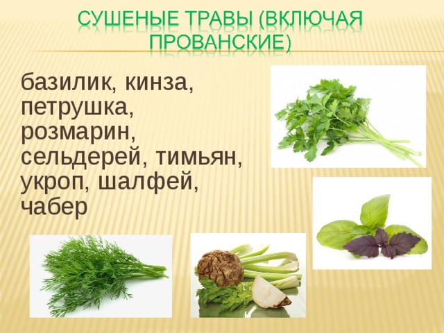 базилик, кинза, петрушка, розмарин, сельдерей, тимьян, укроп, шалфей, чабер    