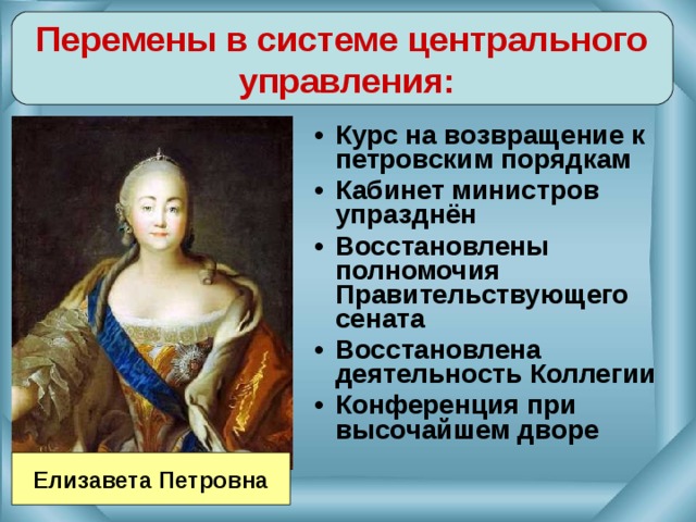 Перемены в системе центрального  управления: Курс на возвращение к петровским порядкам Кабинет министров упразднён Восстановлены полномочия Правительствующего сената Восстановлена деятельность Коллегии Конференция при высочайшем дворе Елизавета Петровна 