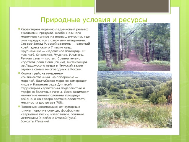 Природные условия и ресурсы   Характерен моренно-ледниковый рельеф с холмами, грядами. Особенно много моренных холмов на возвышенностях, где они чередуются с озерными впадинами. Северо-Запад Русской равнины — озерный край: здесь около 7 тысяч озер. Крупнейшие — Ладожское (площадь 18 тыс.км 2 ), Онежское, Чудское, Ильмень. Речная сеть — густая. Сравнительно короткая река Нева (74 км), вытекающая из Ладожского озера в Финский залив — одна из самых многоводных в России. Климат района умеренно-континентальный, на побережье — морской. Балтийское море не замерзает лишь у Калининграда Для всей территории характерны подзолистые и торфяно-болотные почвы. Леса занимают немногим менее половины площади района, а на северо-востоке лесистость местности достигает 70%. Полезные ископаемые: огнеупорные глины, горючие сланцы, фосфориты, кварцевые пески, известняки, соляные источники (в районе Старой Русы), бокситы (Тихвин). 