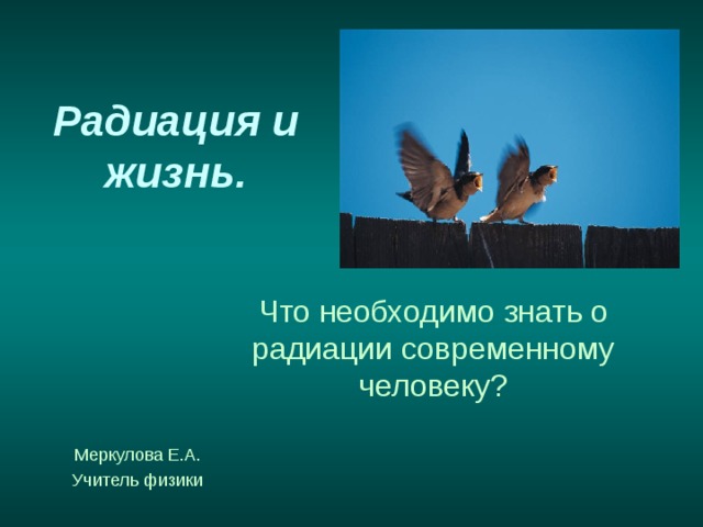 Радиация и жизнь. Что необходимо знать о радиации современному человеку? Меркулова Е.А. Учитель физики 