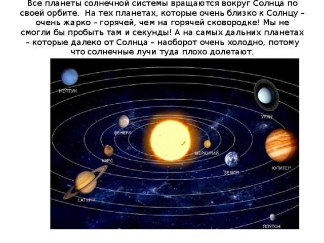 Все планеты солнечной системы вращаются вокруг Солнца по своей орбите. На тех планетах, которые очень близко к Солнцу – очень жарко – горячей, чем на горячей сковородке! Мы не смогли бы пробыть там и секунды! А на самых дальних планетах – которые далеко от Солнца – наоборот очень холодно, потому что солнечные лучи туда плохо долетают.