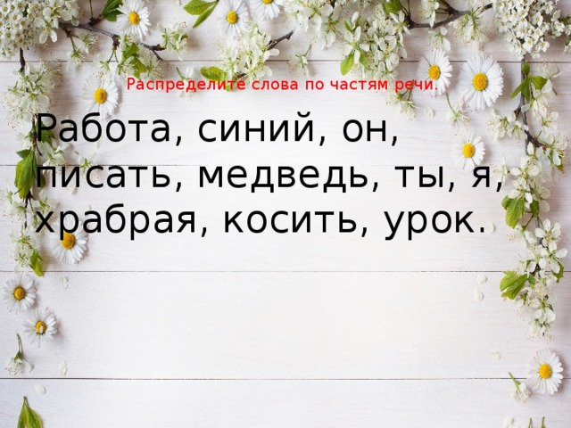 Распределите слова по частям речи.   Работа, синий, он, писать, медведь, ты, я, храбрая, косить, урок. 
