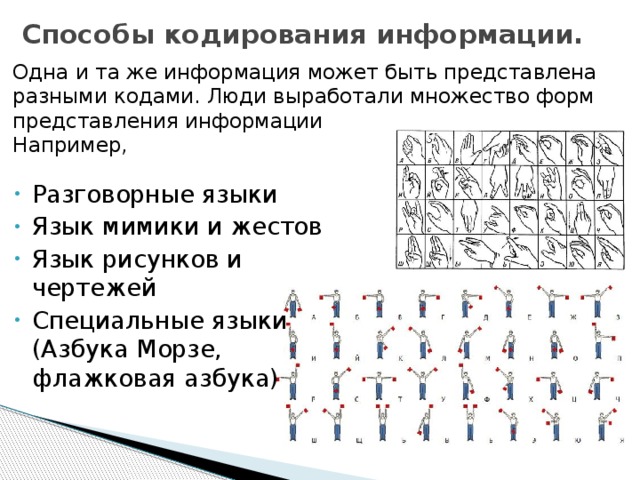 Способы кодирования информации. Одна и та же информация может быть представлена разными кодами. Люди выработали множество форм представления информации  Например, Разговорные языки Язык мимики и жестов Язык рисунков и чертежей Специальные языки (Азбука Морзе, флажковая азбука) 