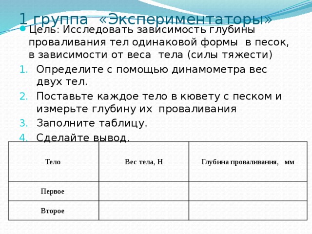 1 группа «Экспериментаторы»   Цель: Исследовать зависимость глубины проваливания тел одинаковой формы в песок, в зависимости от веса тела (силы тяжести) Определите с помощью динамометра вес двух тел. Поставьте каждое тело в кювету с песком и измерьте глубину их проваливания Заполните таблицу. Сделайте вывод. Тело Первое Вес тела, Н Глубина проваливания, мм   Второе      