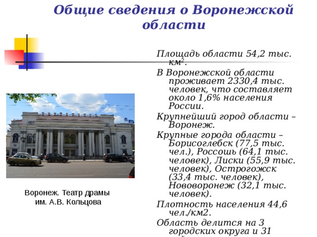 Общие сведения о Воронежской области Площадь области 54,2 тыс. км 2 . В Воронежской области проживает 2330,4 тыс. человек, что составляет около 1,6% населения России. Крупнейший город области – Воронеж. Крупные города области – Борисоглебск (77,5 тыс. чел.), Россошь (64,1 тыс. человек), Лиски (55,9 тыс. человек), Острогожск (33,4 тыс. человек), Нововоронеж (32,1 тыс. человек). Плотность населения 44,6 чел./км2. Область делится на 3 городских округа и 31 район. Воронеж. Театр драмы им. А.В. Кольцова 