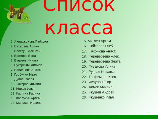 Список класса 15. Митяев Артем 16. Пайторов Глеб 17. Пахомова Анаст. 18. Переверзева Алек. 19. Переверзева Злата 20. Пузанова Алина 21. Руцкая Наталья 22. Трофимова Ксен. 23. Фичуров Егор 24. Хамов Михаил 25. Якушев Андрей 26. Якушенко Илья 1. Анваржонова Райхона 2. Бахарева Арина 3. Беседин Алексей 4. Брежнев Вова 5. Букреев Никита 6. Бухарский Филипп 7. Васильева Анаст. 8. Горбулин Иван 9. Дудла Олеся 10. Захаров Михаил 11. Ишков Илья 12. Каргина Карина 13. Карпухин Артем 14. Минасян Нарине 
