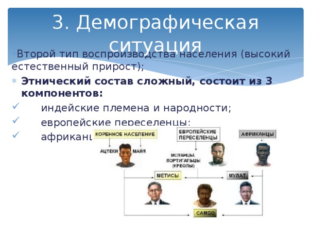 3. Демографическая ситуация Второй тип воспроизводства населения (высокий естественный прирост); Этнический состав сложный, состоит из 3 компонентов:  индейские племена и народности;  европейские переселенцы;  африканцы 
